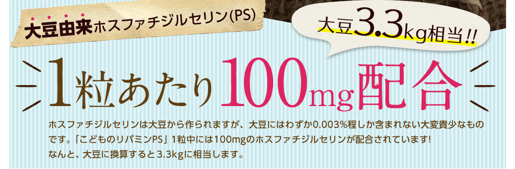 大豆由来ホスファチジルセリン(PS)/1粒あたり100mg配合大豆3.3kg相当!!/ホスファチジルセリンは大豆から作られますが、大豆にはわずか0.003%程しか含まれない大変貴少なものです。「こどものリパミンPS」1粒中には100mgのホスファチジルセリンが配合されています!なんと、大豆に換算すると3.3kgに相当します。