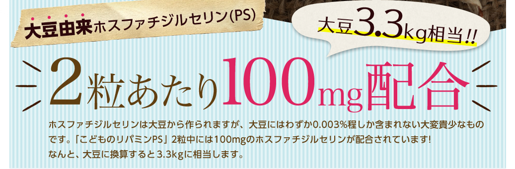 大豆由来ホスファチジルセリン(PS)/1粒あたり100mg配合大豆3.3kg相当!!/ホスファチジルセリンは大豆から作られますが、大豆にはわずか0.003%程しか含まれない大変貴少なものです。「こどものリパミンPS」1粒中には100mgのホスファチジルセリンが配合されています!なんと、大豆に換算すると3.3kgに相当します。