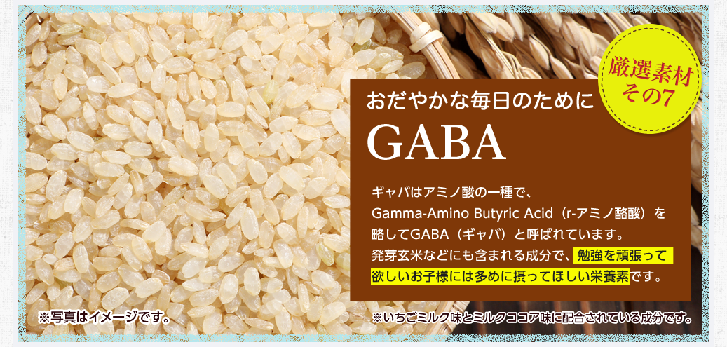 厳選素材その7 おだやかな毎日のためにGABA ギャバはアミノ酸の一種で、Gamma-Amino Butyric Acid（r-アミノ酪酸）を略してGABA（ギャバ）と呼ばれています。発芽玄米などにも含まれる成分で、勉強を頑張って欲しいお子様には多めに摂ってほしい栄養素です。